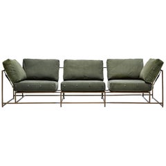 Vintage Military Canvas and Antique Brass Three Piece Sofa