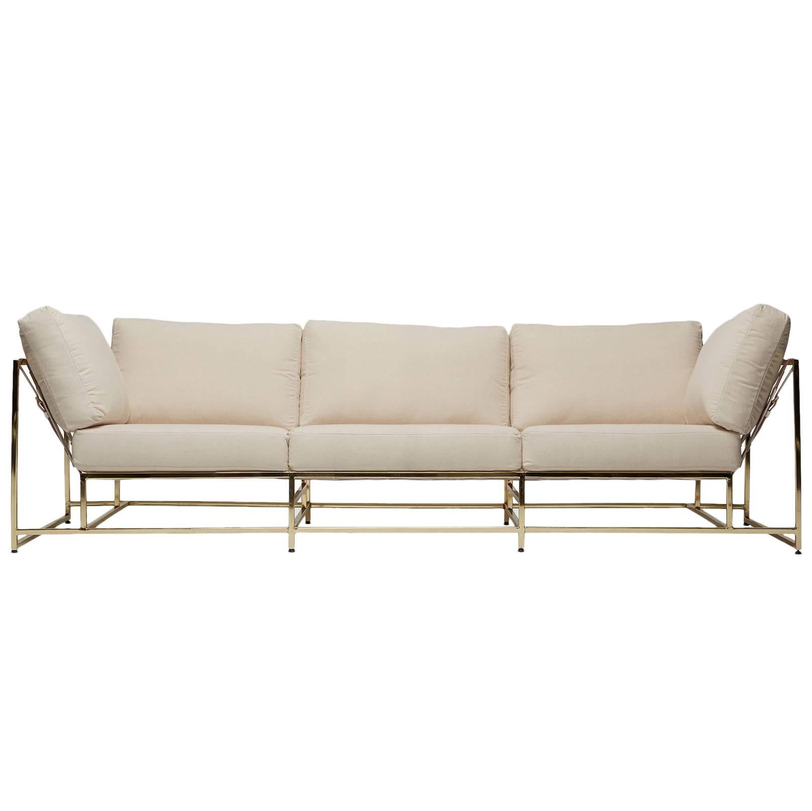 Natural Canvas and Polished Brass Sofa For Sale