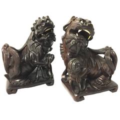 Pair of Hand-Carved Wooden Chinese Foo Dogs or Lions Bookends