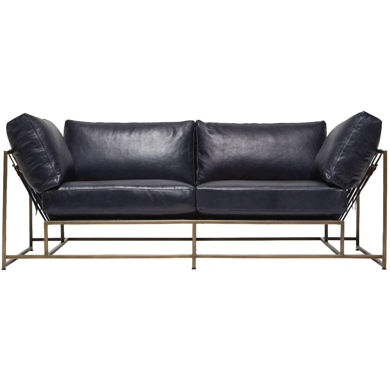 Indigo Leather and Antique Brass Two Seat Sofa For Sale