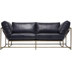 Indigo Leather and Antique Brass Two Seat Sofa