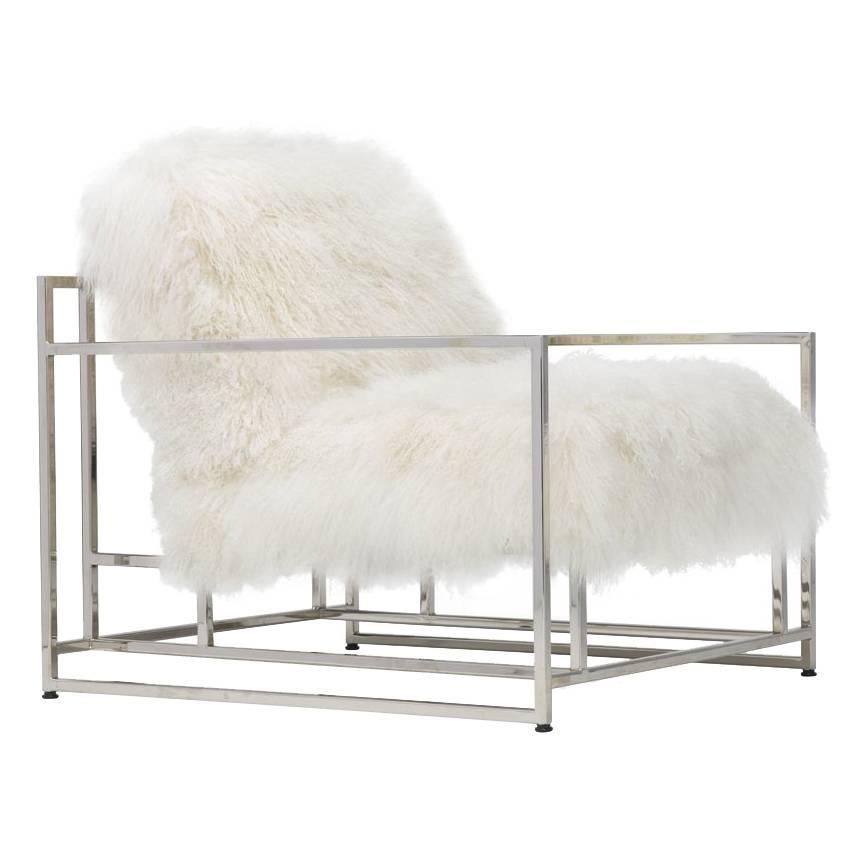 White Mongolian Sheepskin and Polished Nickel Armchair For Sale