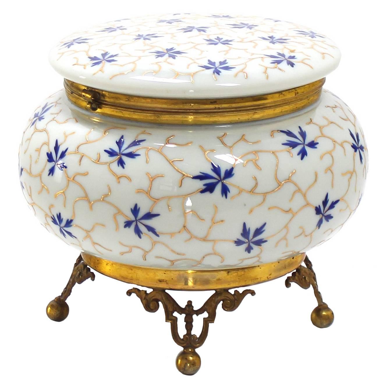 Large Enameled Painted Floral Pattern Art Glass Round Dresser Box For Sale