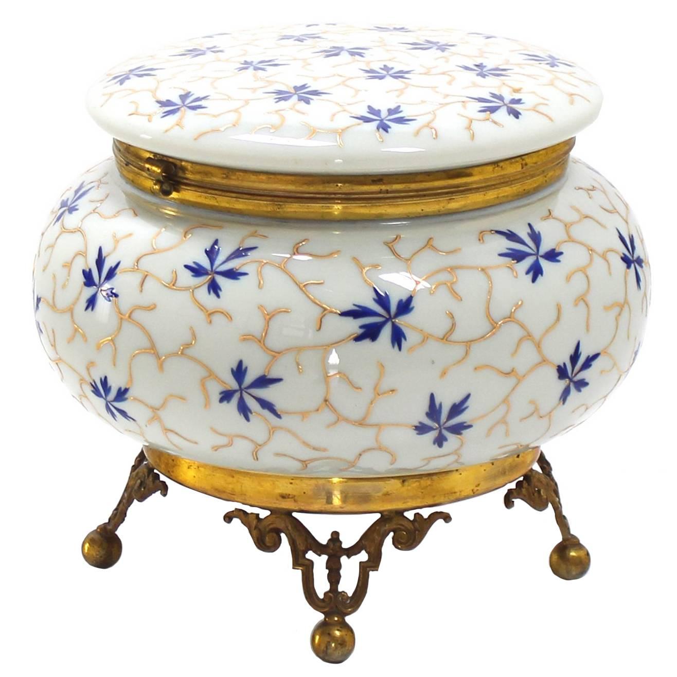 Large Enameled Painted Floral Pattern Art Glass Round Dresser Box