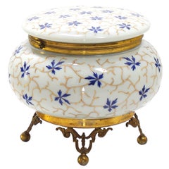 Vintage Large Enameled Painted Floral Pattern Art Glass Round Dresser Box