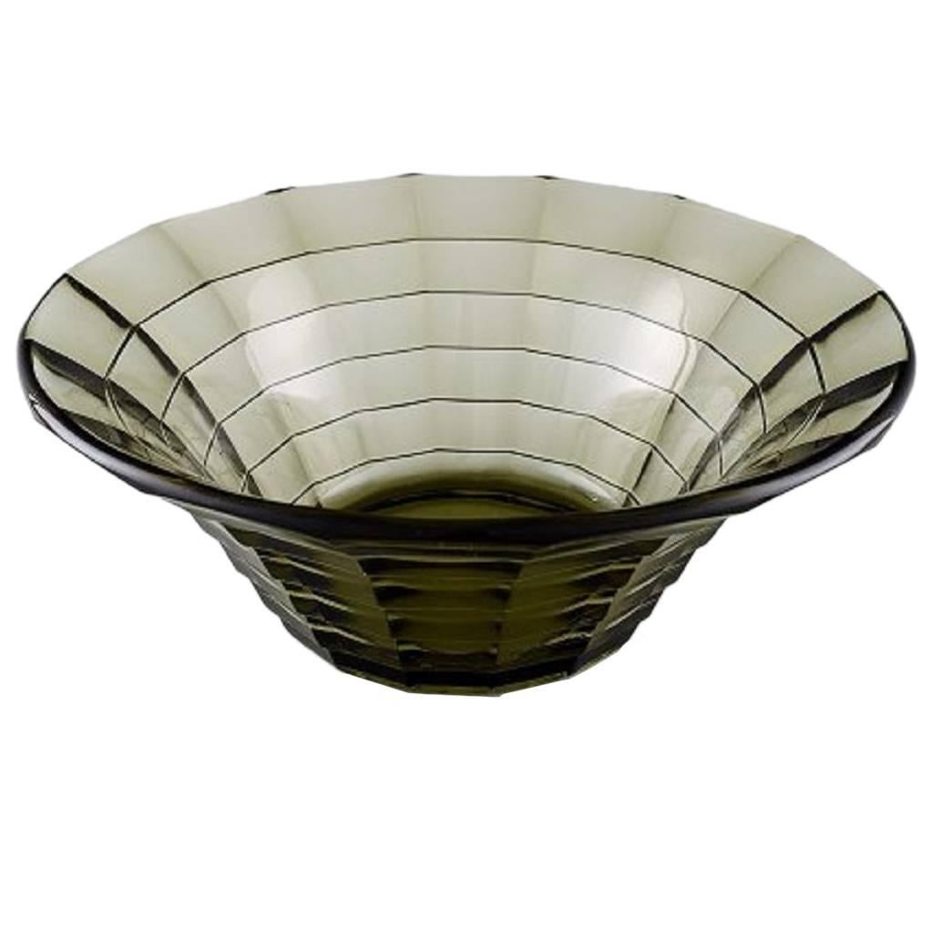 Art Deco Bowl, Edvard Hald for Orrefors/Sandvik, Topaz Coloured Bowl with Rigdes