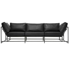 Obsidianisches Sofa aus schwarzem Leder und geschwärztem Stahl