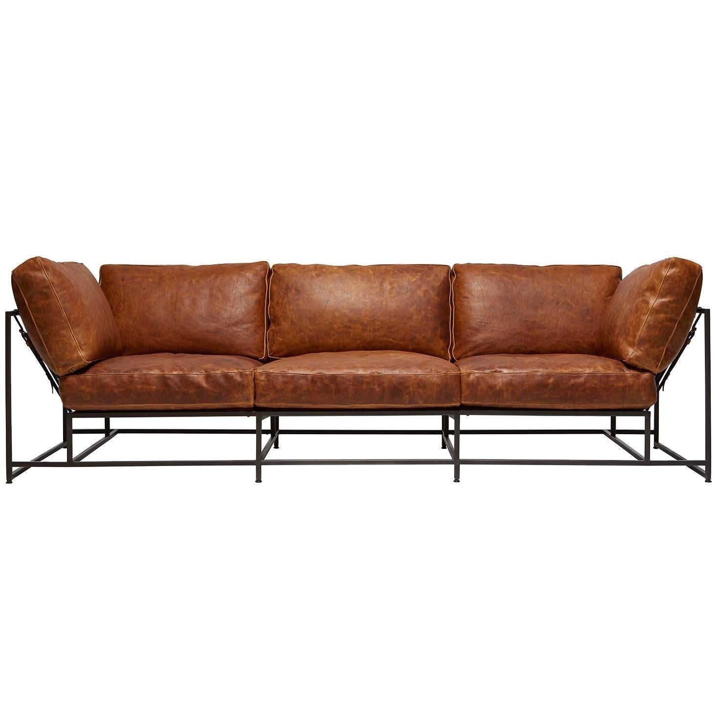 Cognac Brown Leather and Blackened Steel Sofa For Sale