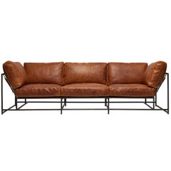 Antique Cognac Brown Leather and Blackened Steel Sofa