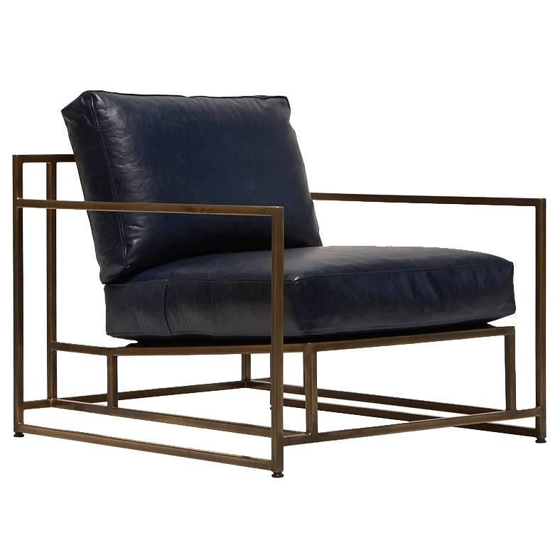 Indigo Leather and Antique Brass Armchair