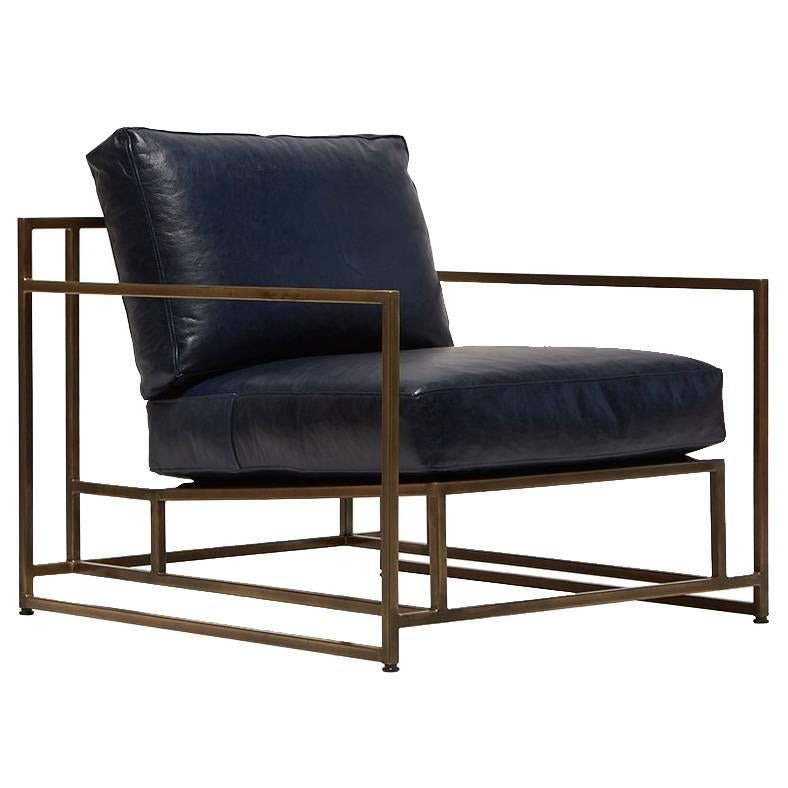 Indigo Leather and Antique Brass Armchair