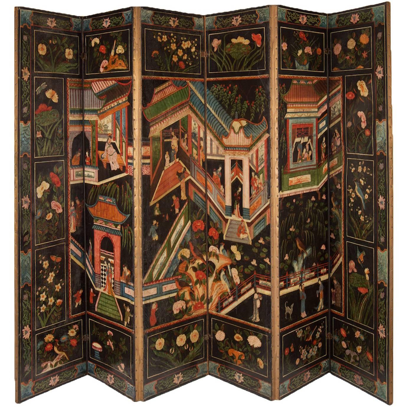 Fine Six-Panel Chinoiserie Polychrome Painted and Embossed Leather Screen For Sale