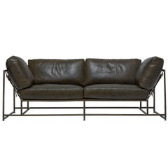 Olive Dark Green Leather and Antique Brass Two-Seat Sofa