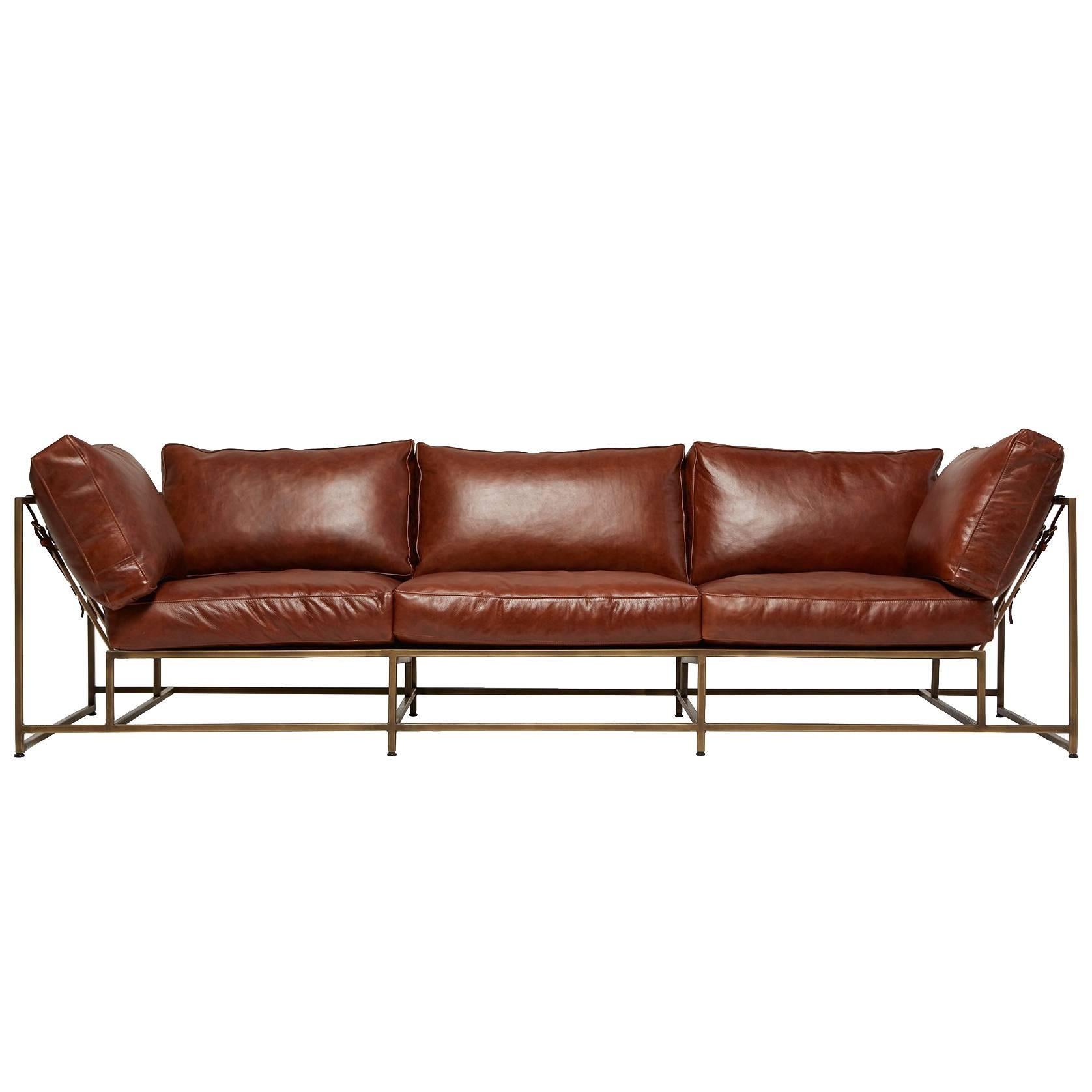 Walnut Brown Leather and Antique Brass Sofa For Sale