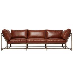 Walnut Brown Leather and Antique Brass Sofa 9