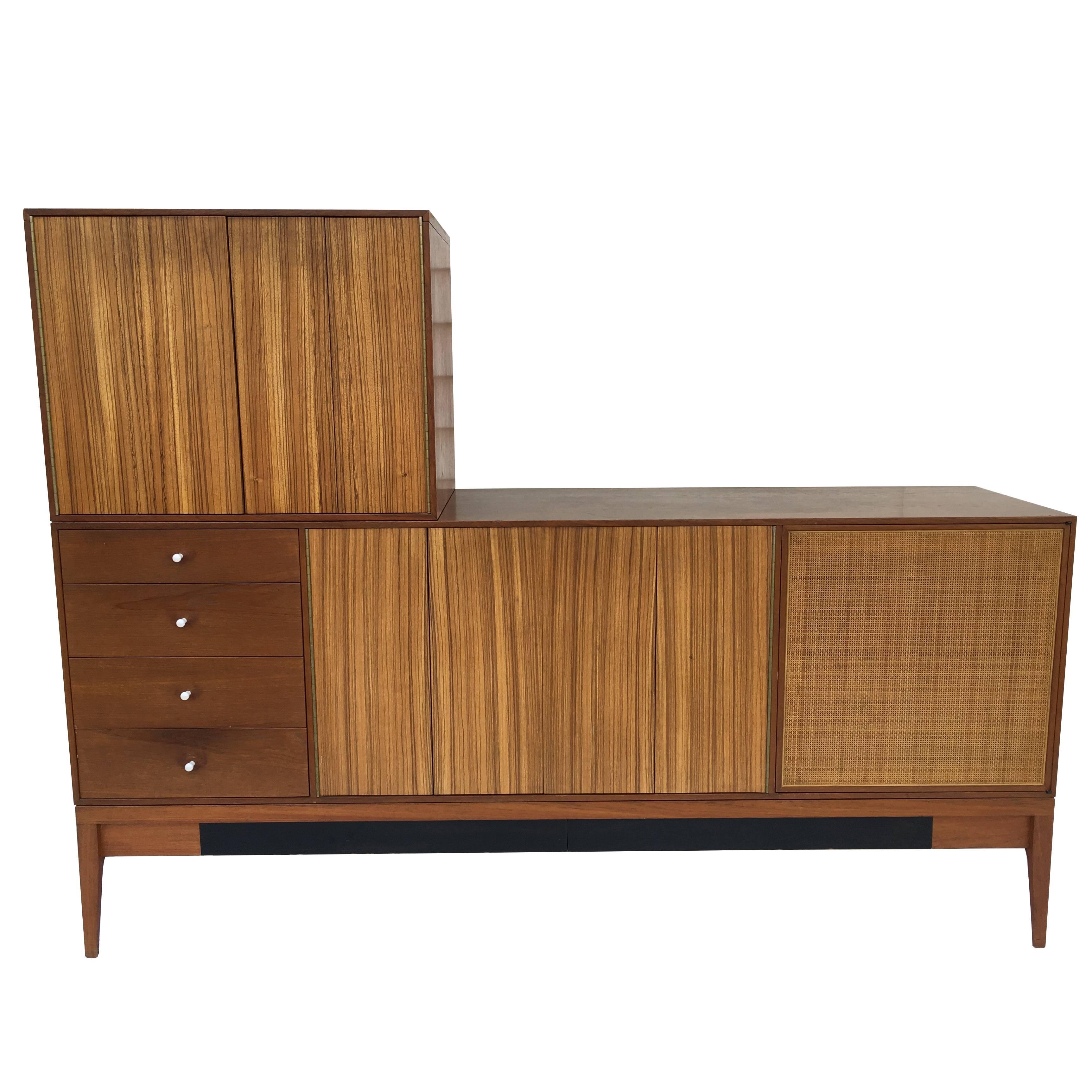 1950s Grosfeld House Modular Zebrawood and Cane Panel Dresser Credenza