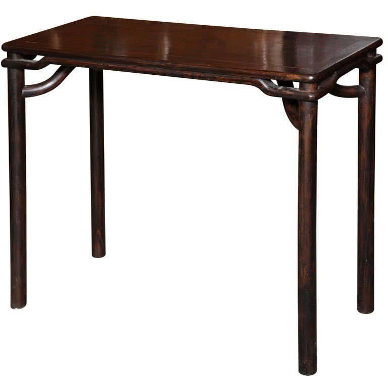 Ming Style 19th Century Elmwood Small Console Table with Brown Lacquer Finish