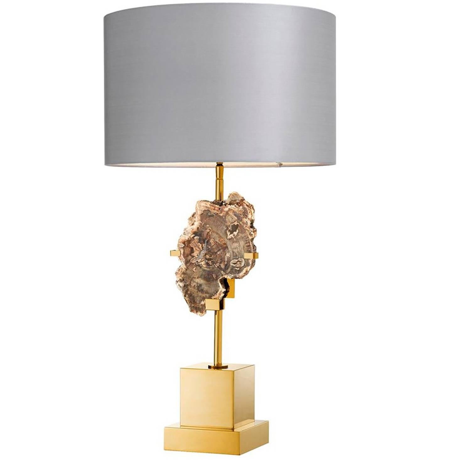 Dominus Table Lamp in Gold Finish with Petrified Wood
