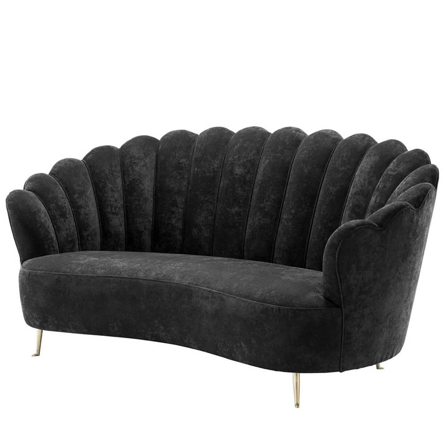 Shell Sofa in Black Velvet with Brass Feet