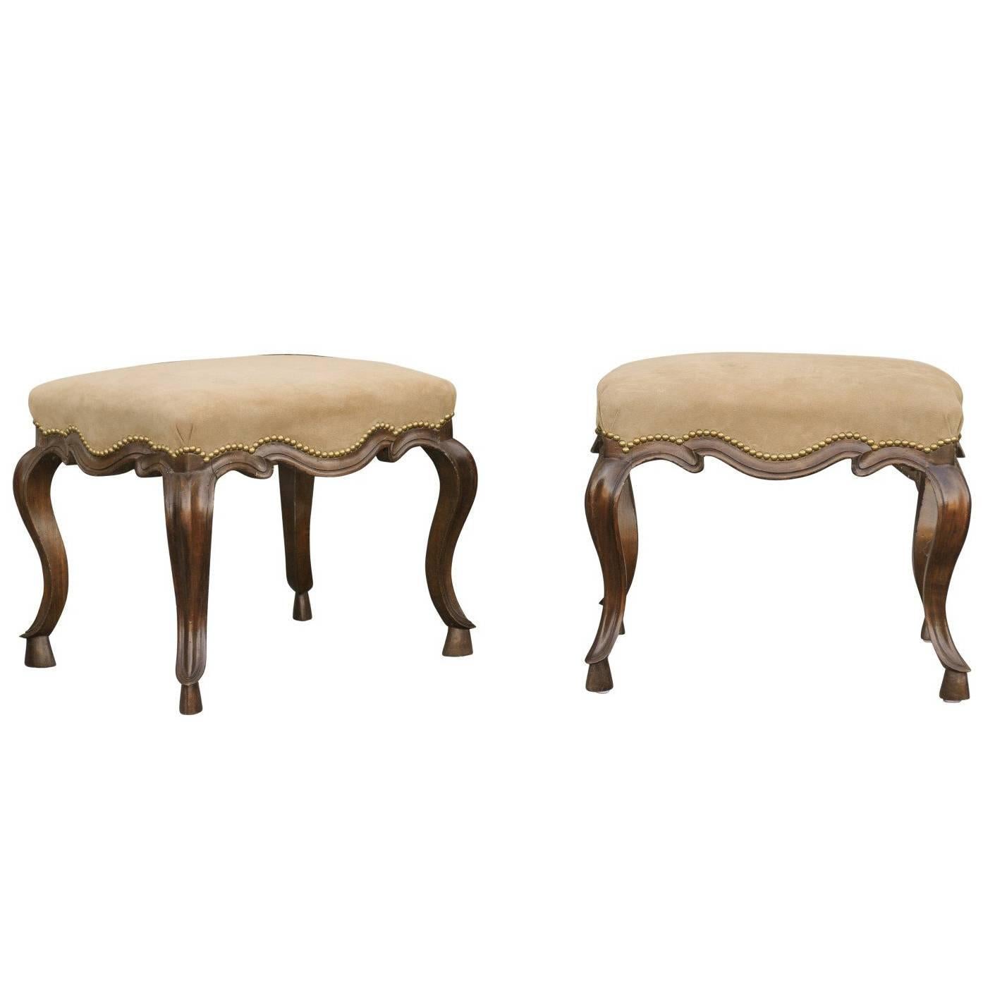 Pair of Italian 19th Century Rococo Style Walnut Stools with Suede Upholstery