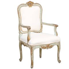 Antique Italian 18th Century Venetian Painted Upholstered Armchair with Gilded Accent