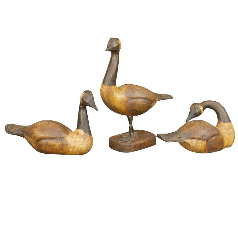 Set of Three 1900s LifeSize Wood Carved BlackNecked Painted Geese at 1stdibs