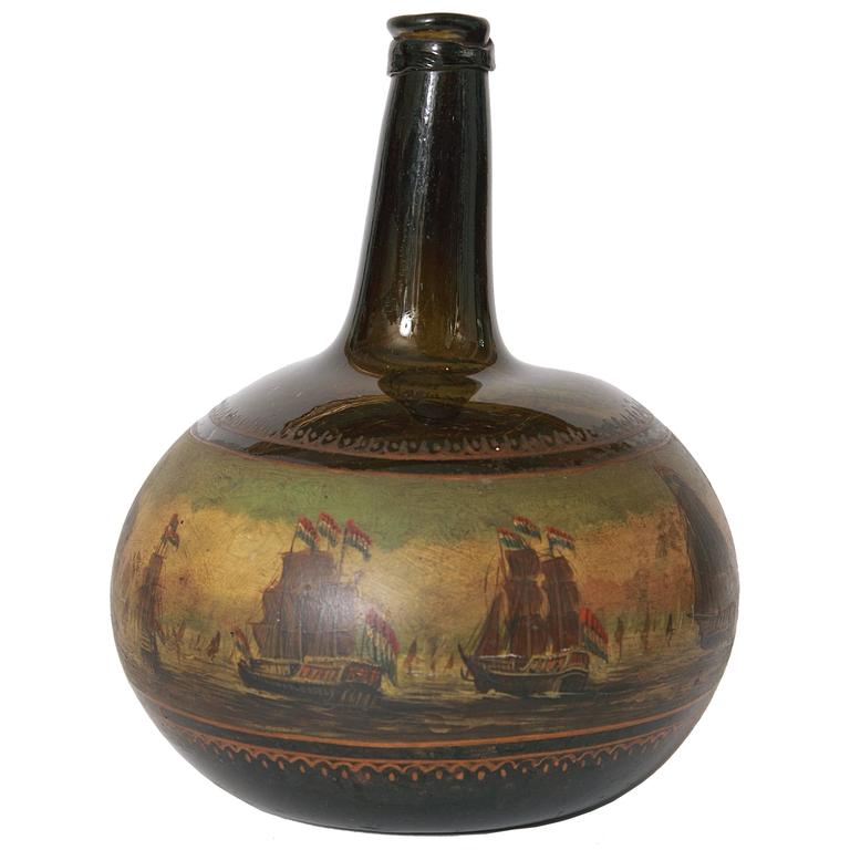 18th Century Antique English Painted Onion Wine Bottle at 1stDibs