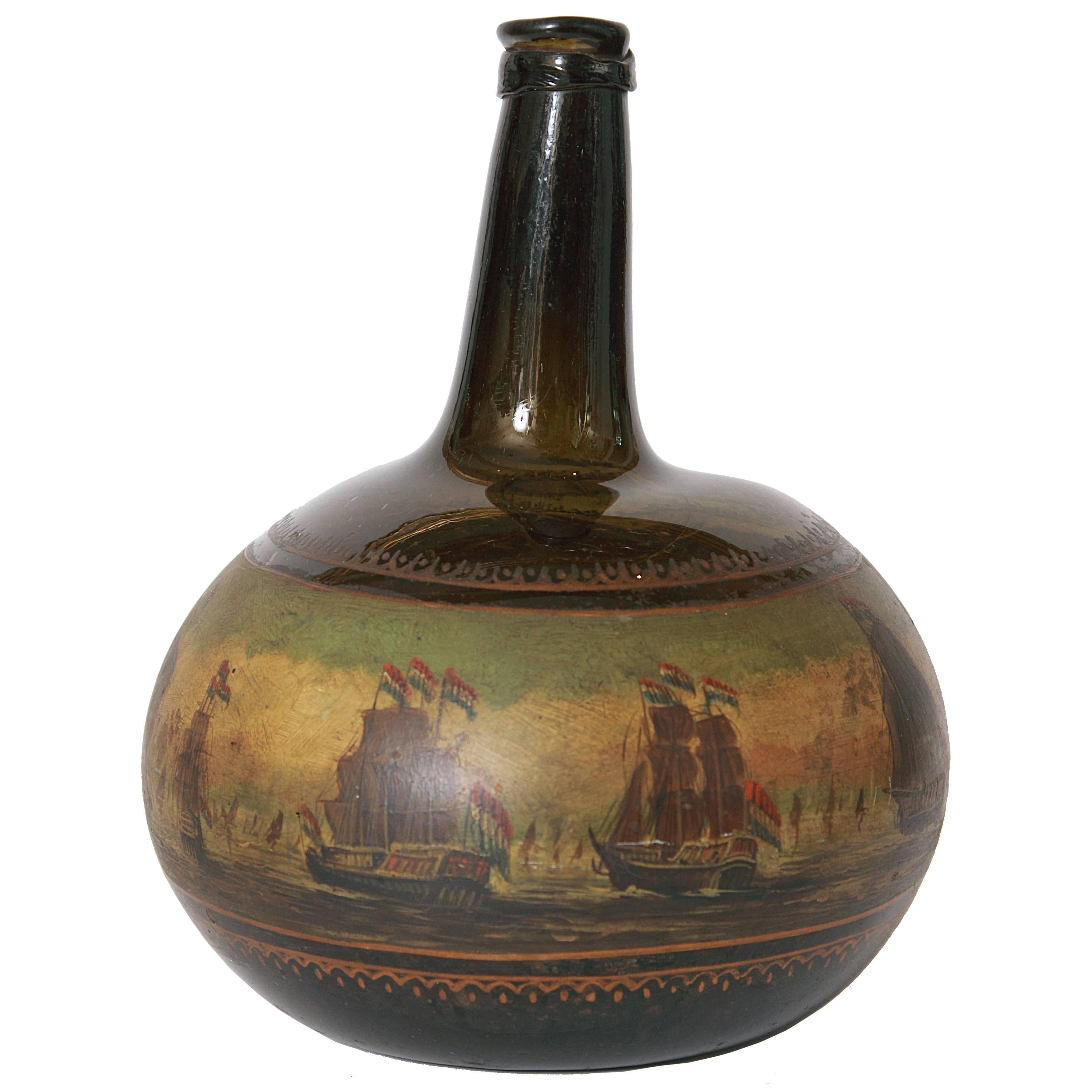 18th Century Antique English Painted Onion Wine Bottle