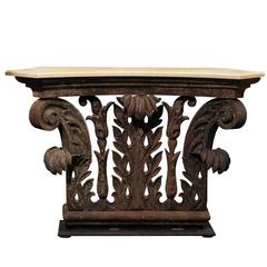 Iron Console Table Made of Architectural Corinthian Base and Travertine Top