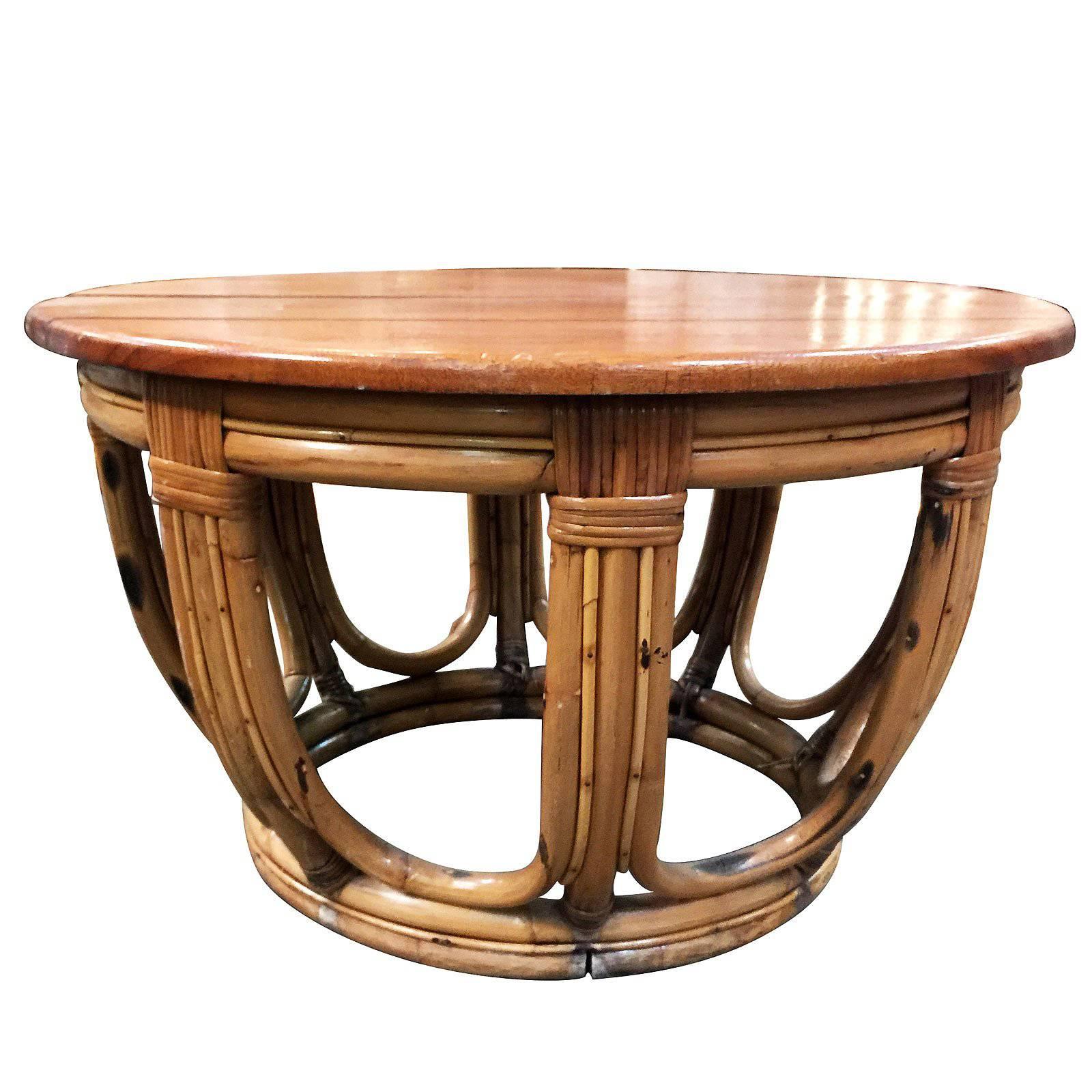 Restored Round Rattan Coffee Table with Mahogany Top For Sale at 1stDibs