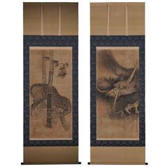 Soga Nichokuan 17th Century, Tiger and Dragon, Japanese Hanging Scroll, Pair 4