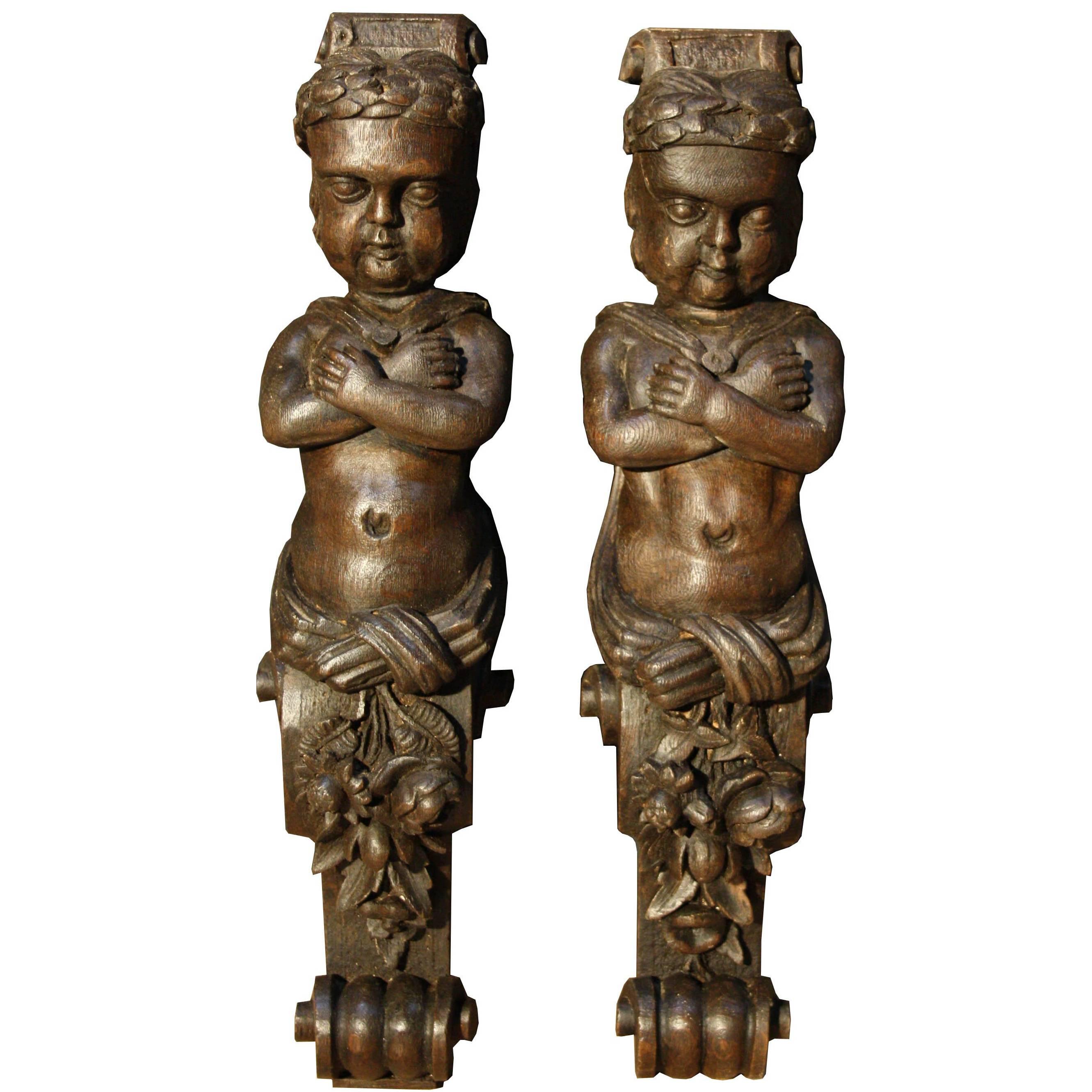 Pair of 18th Century Carved Oak Caryatid Brackets