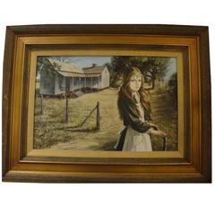 Vintage Rare Large Original Museum Painting of a Girl Outdoors Pati Bannister, 1929-2013