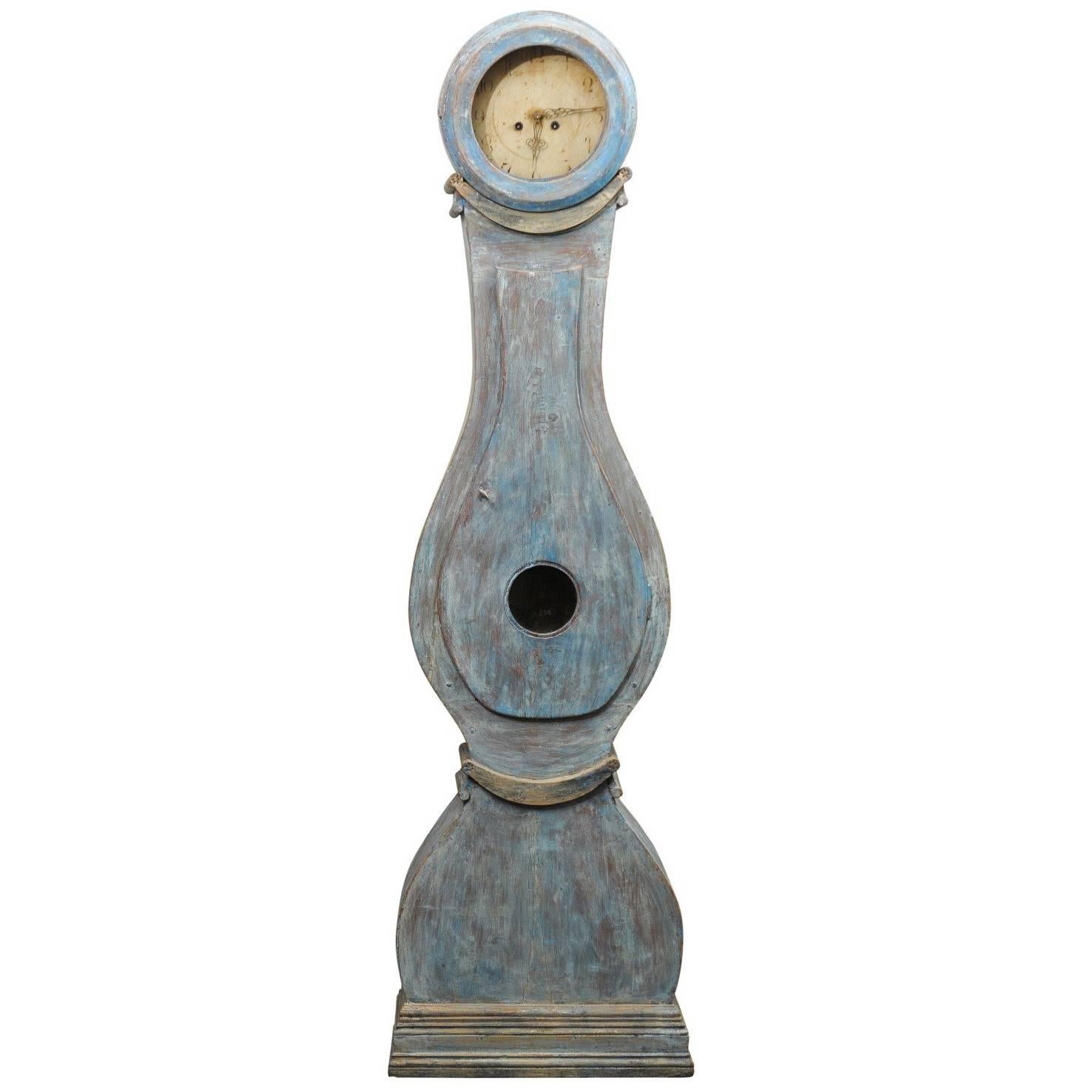 Swedish Painted Blue Wood Clock with Grey Undertones from the 19th Century