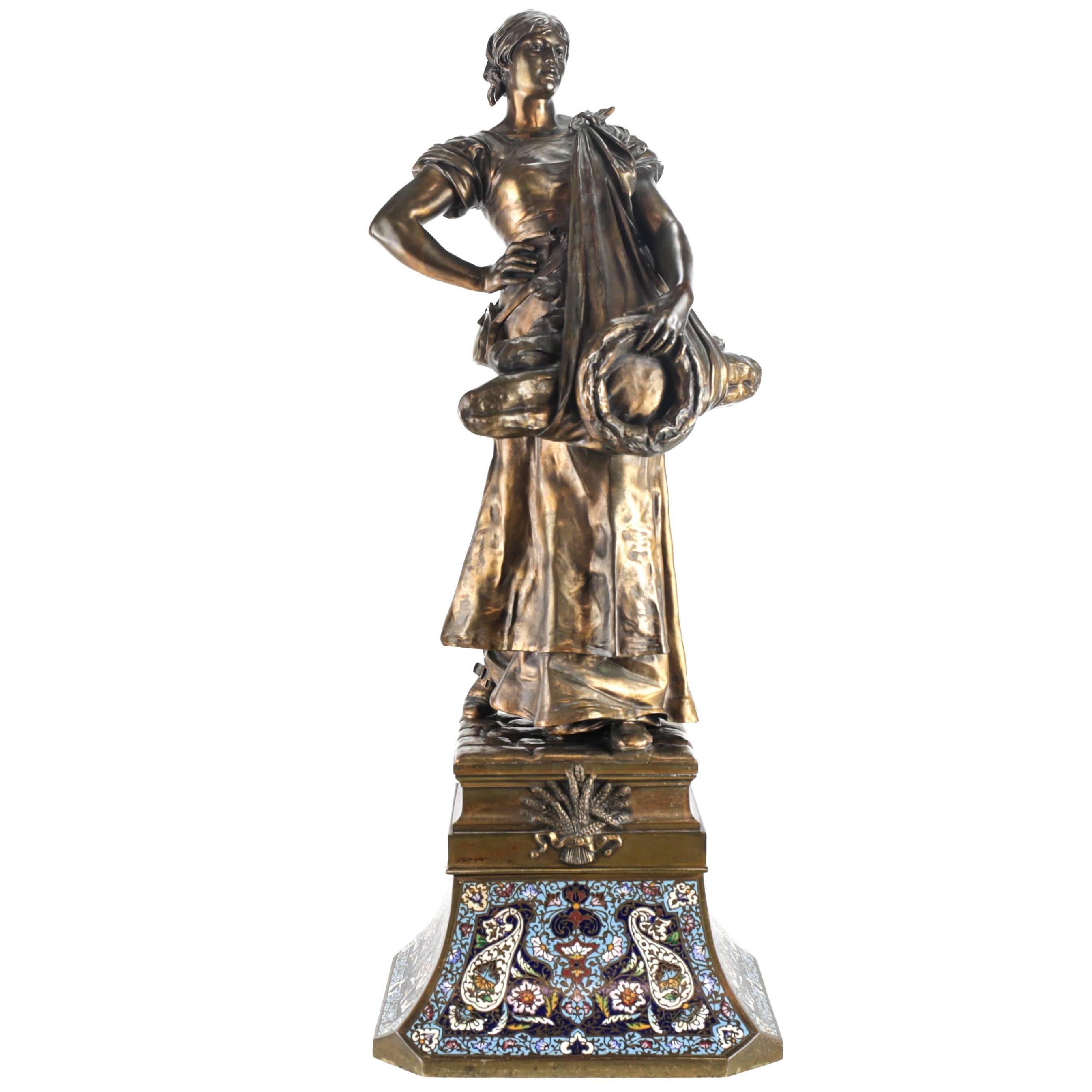 19th Century Bronze Sculpture of a Lady with Champleve Enamel Base For Sale