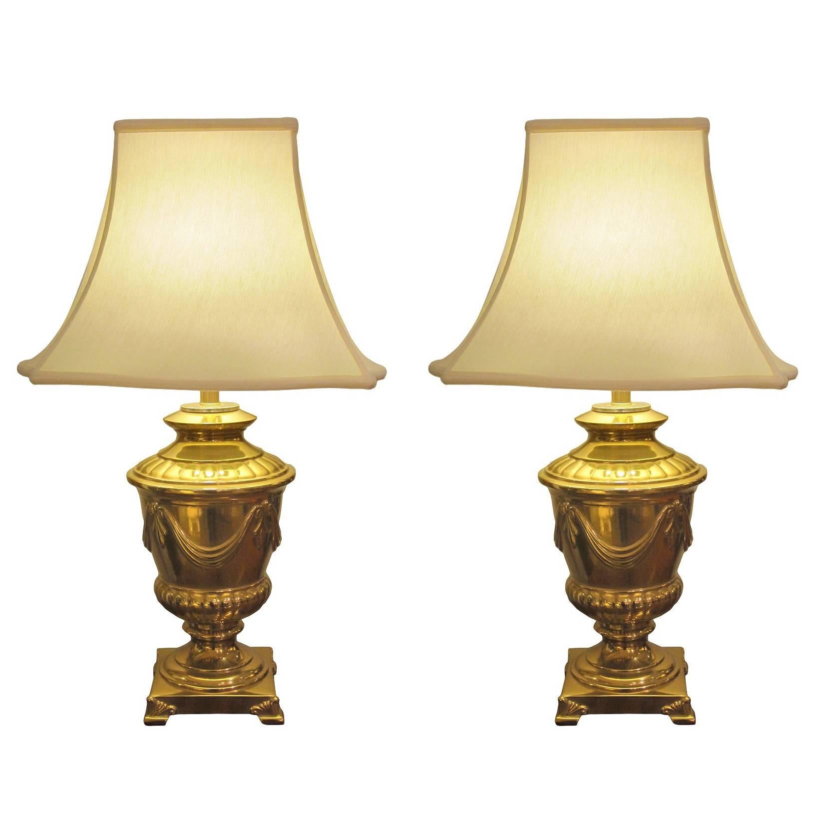 Good Quality Pair of American Frederick Cooper Campagna-Form Solid Brass Lamps