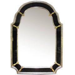 Glamorous American Hollywood Regency Silver Giltwood Mirror W Black Glass Border