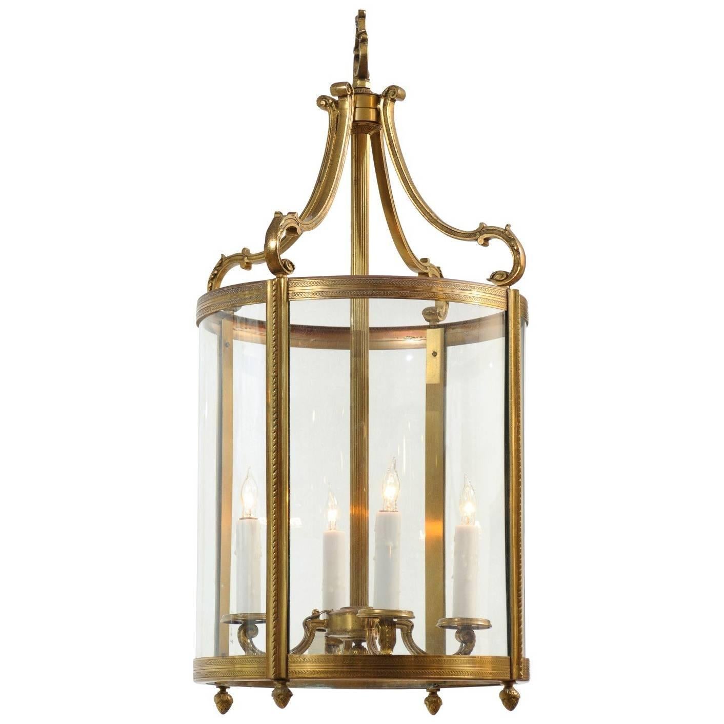 Round Brass Louis XVI Style Lantern, France, Mid-20th Century