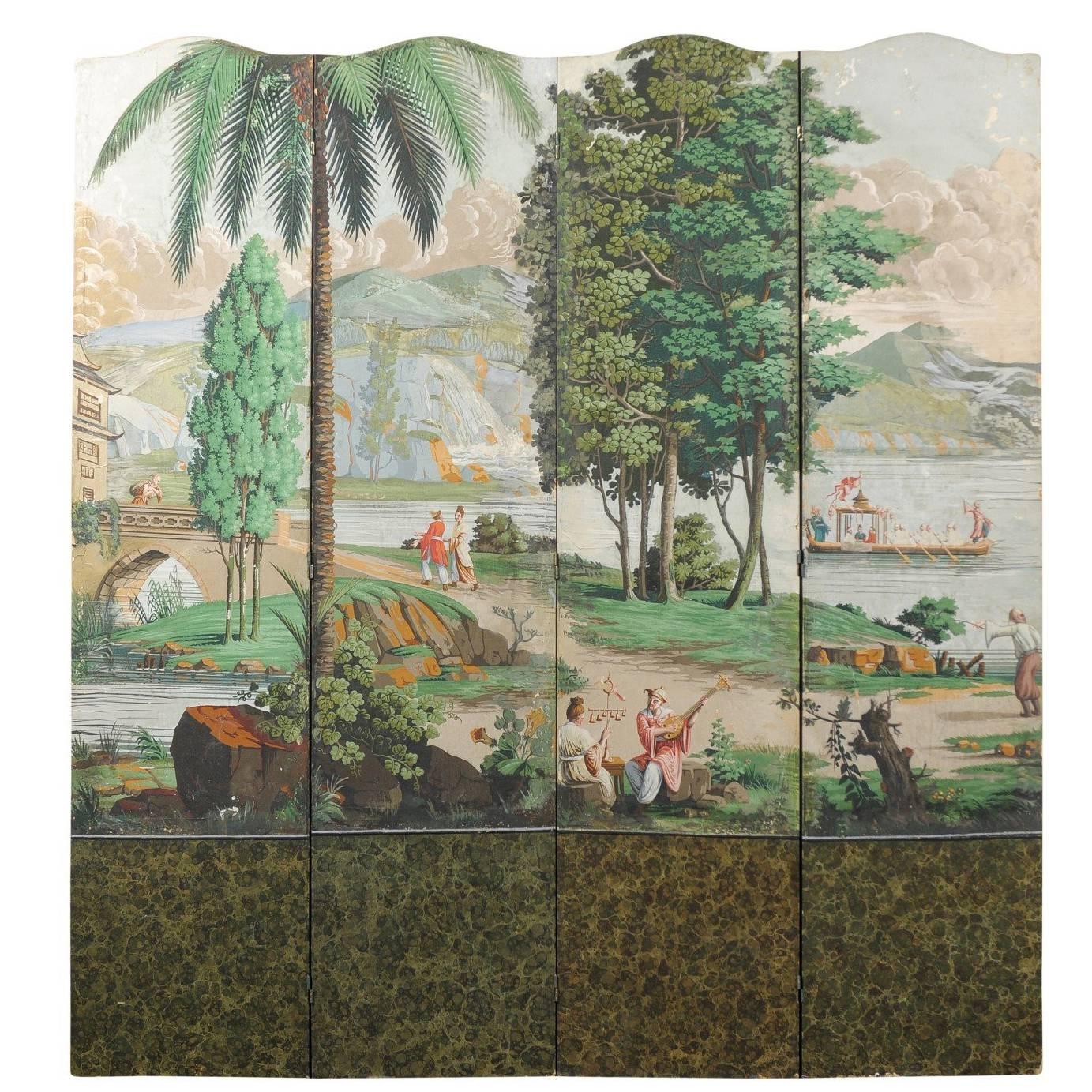Early 20th Century French Zuber Style Hand-Painted Landscape Folding Screen