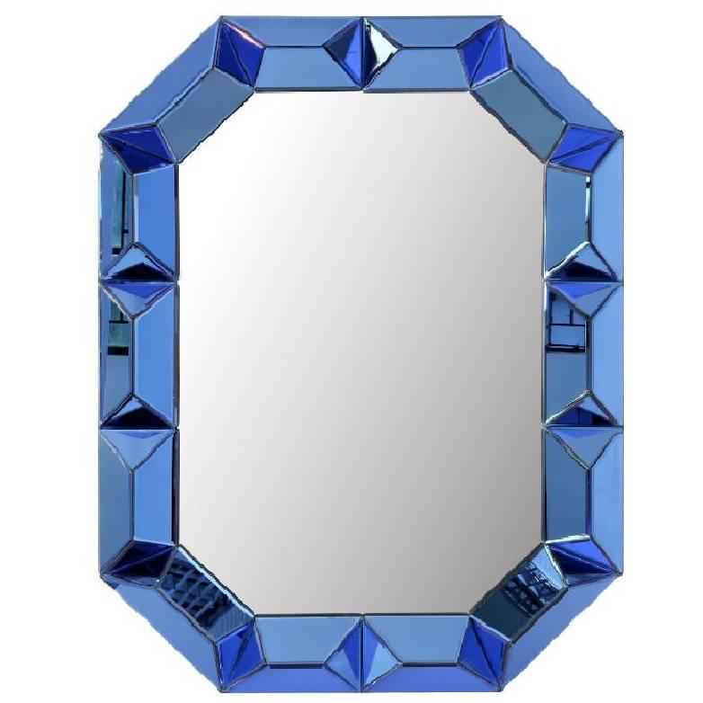Rare Large Blue and Clear Hollywood Venetian Style Cubed Glass Mirror For Sale