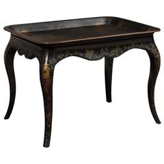 Black Lacquered Chinoiserie Paper Mâché Tray on Wooden Stand
