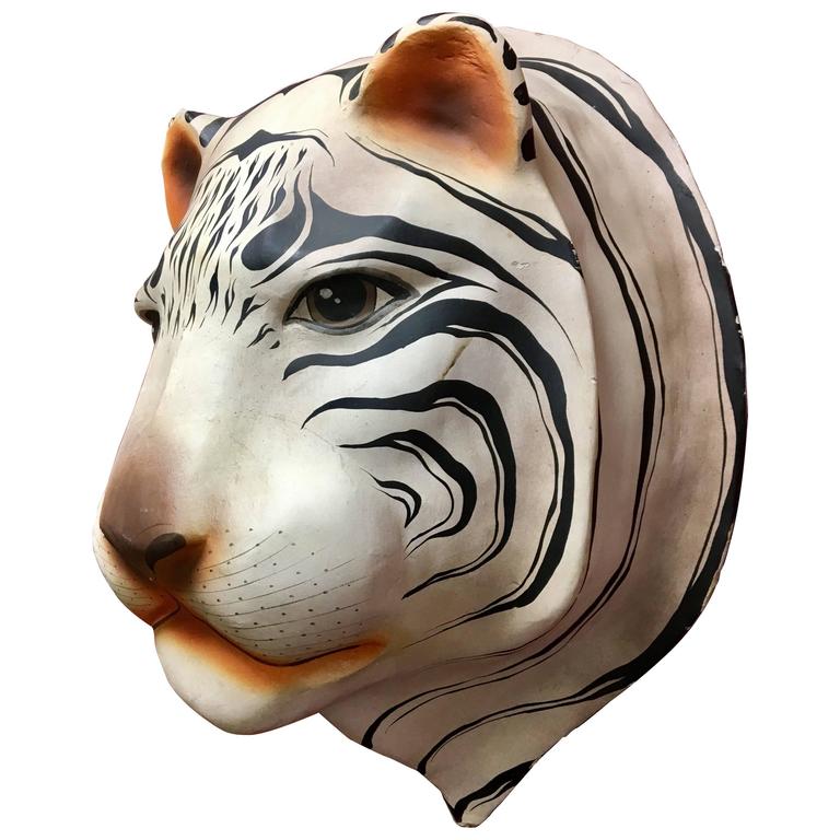 Unique Signed Large White Siberian Tiger Head Made of Paper Mache at