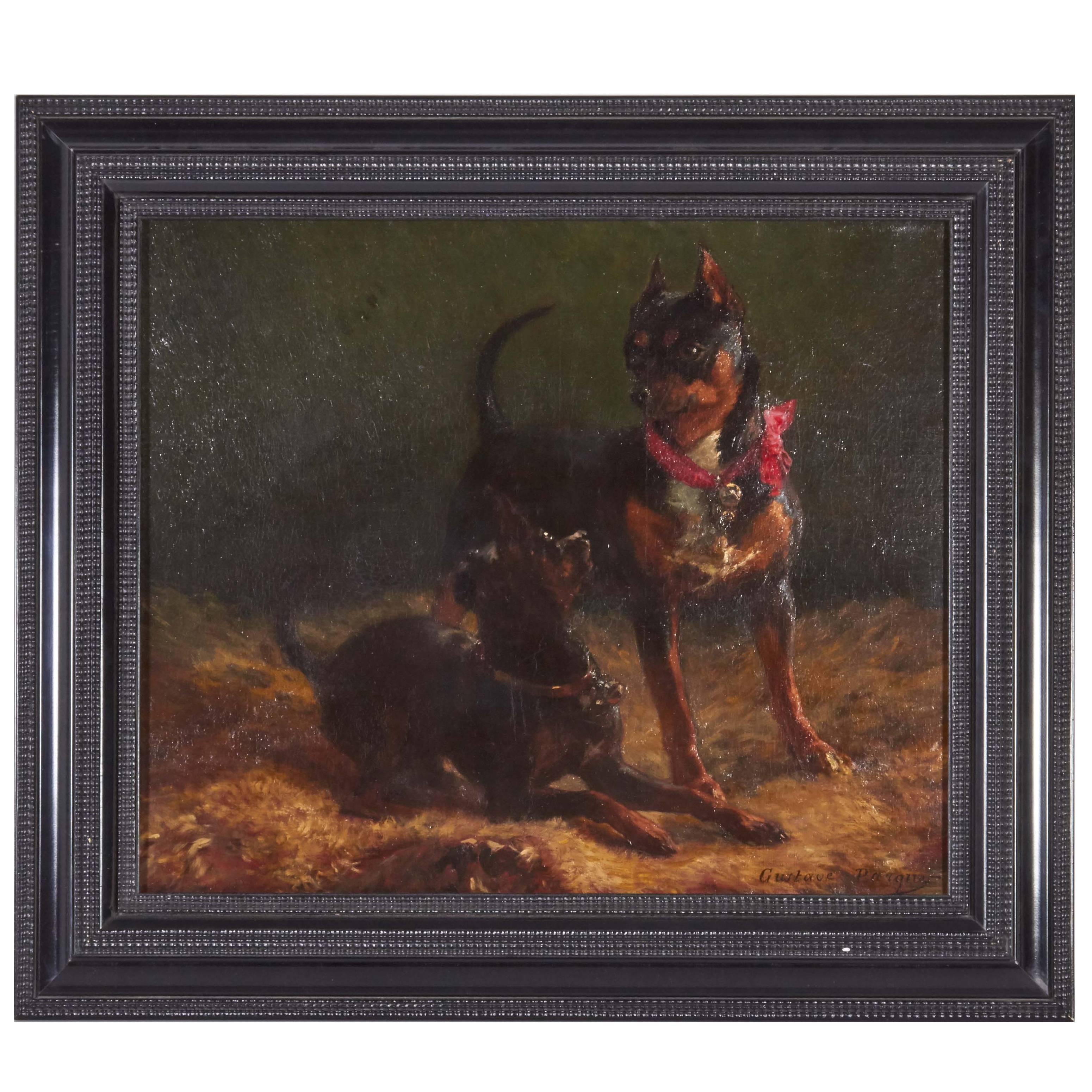 Charles Gustave Parquet Oil on Canvas Pair of Dogs