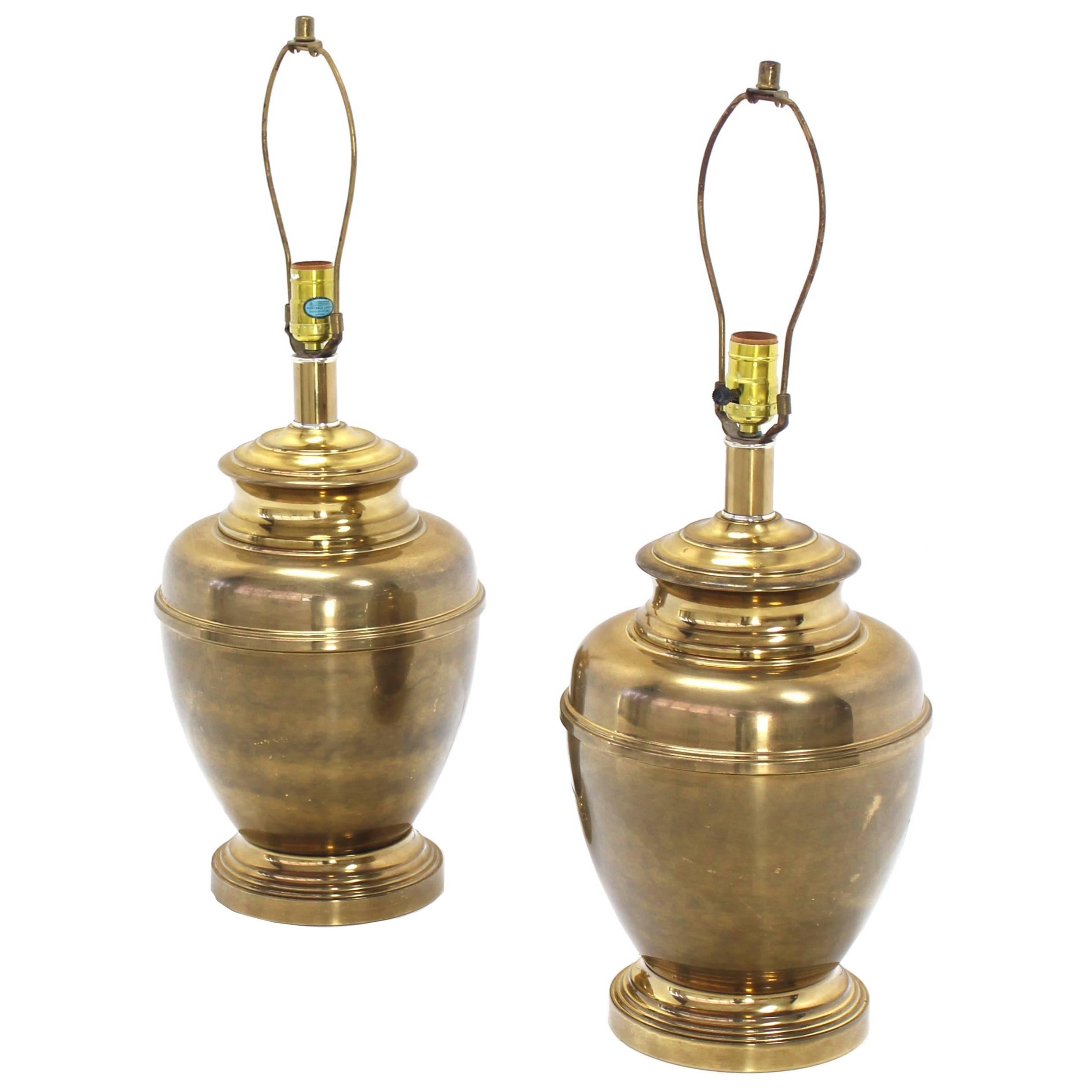 Pair of Vase Bullet Shape Brass Bases Mid Century Modern Table Lamps For Sale