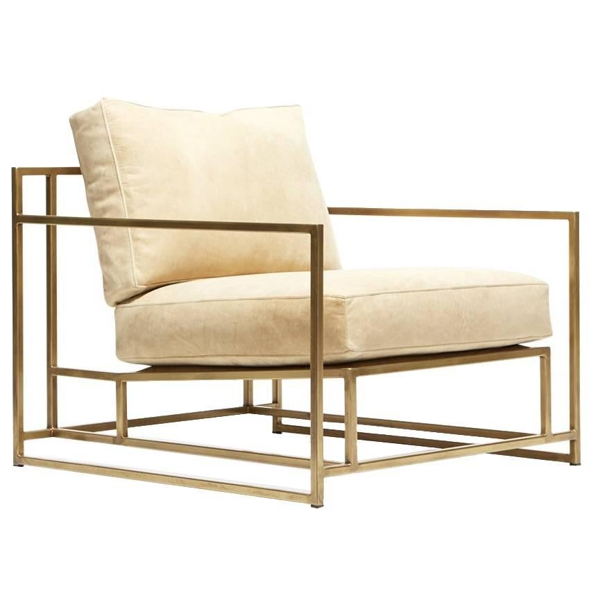 Taupe Nubuck Leather and Antique Brass Armchair For Sale