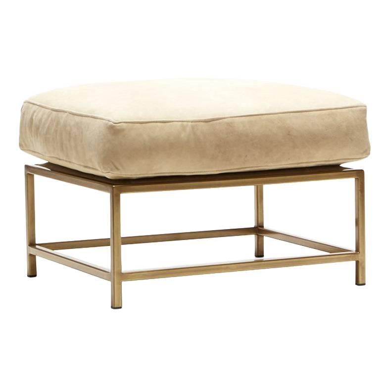 Tan Nubuck Leather and Antique Brass Ottoman For Sale