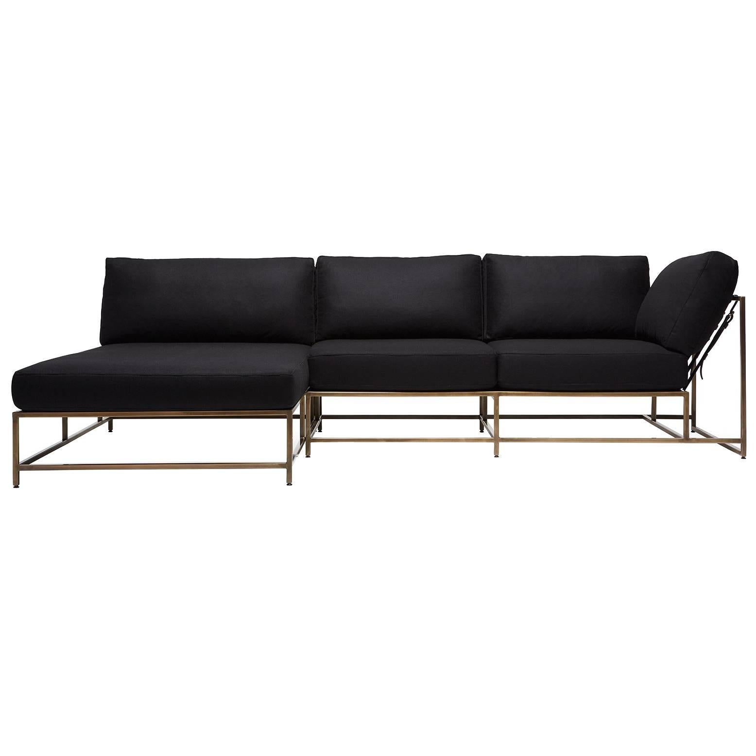 Black Wool & Antique Brass Chaise Sectional For Sale