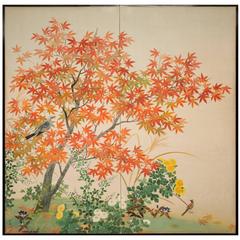 Japanese Two Panel Screen, "Early Autumn Maple and Flowers"
