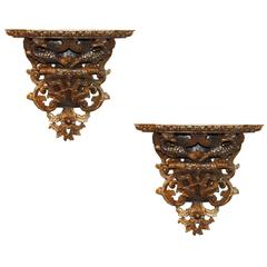 Pair of Italian Gold and Mica Leaf Brackets with Dragon Carvings