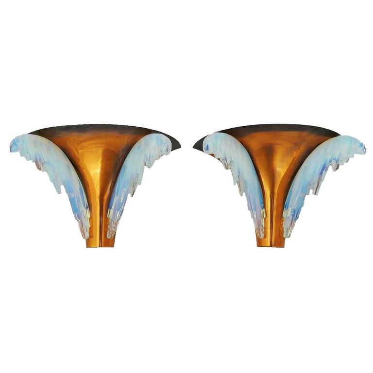 Pair of French Art Deco Wall Sconces by Ezan Opalescent Glass and
